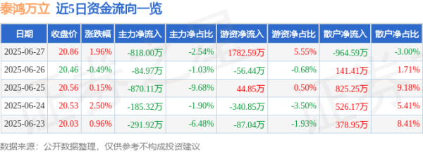 中玉束哈 泰鸿万立（603210）6月27日主力资金净卖出818.00万元
