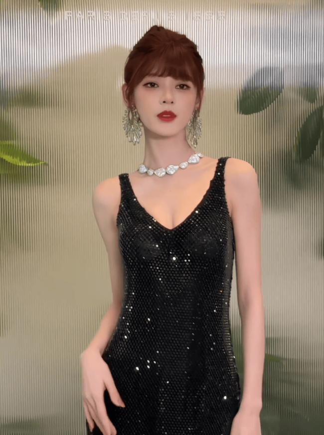 张予曦穿黑色亮片裙秀光滑美背！戴超大耳饰气质佳